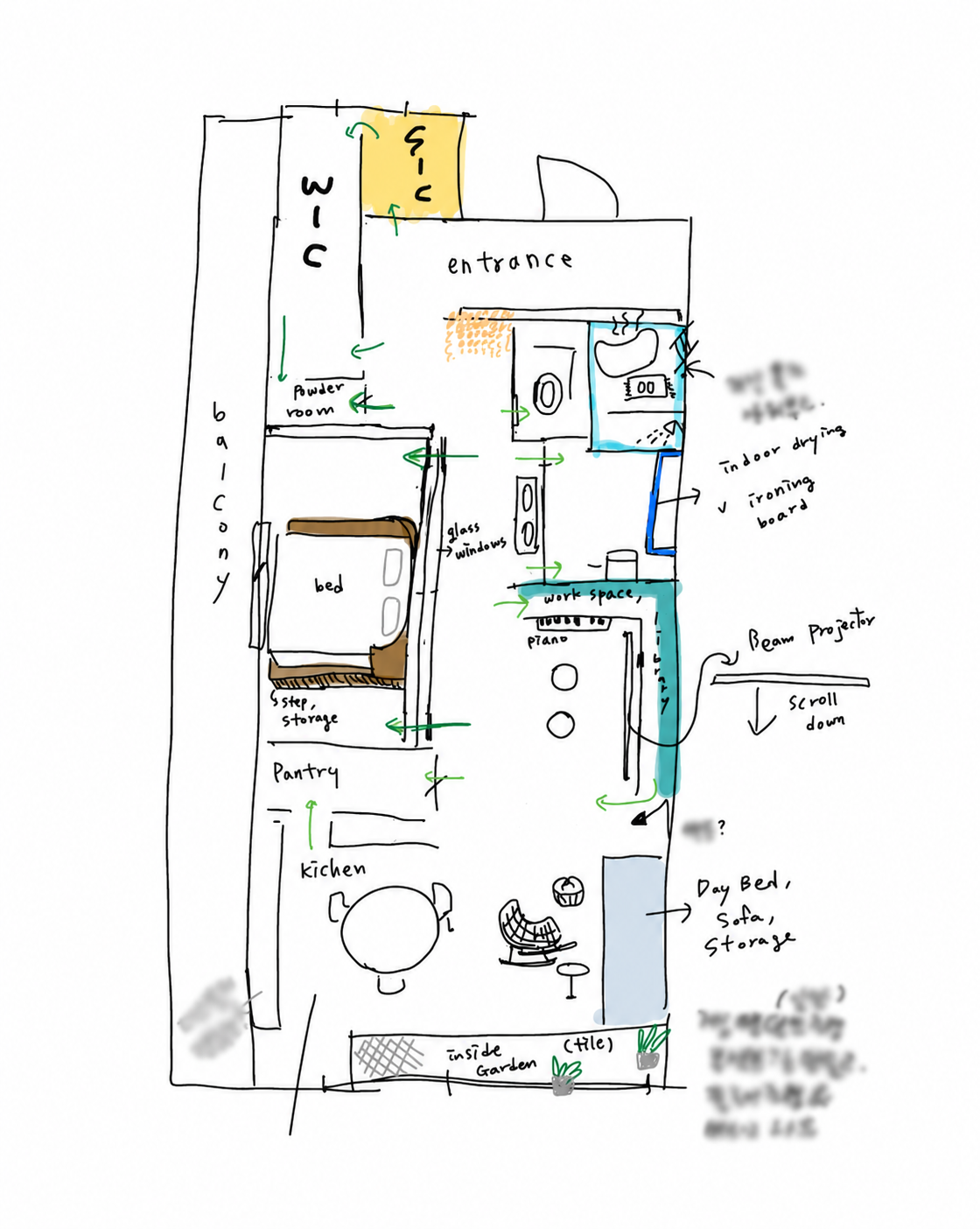 自宅の間取り図に、希望する空間の配置を描き込んだ初期のラフスケッチ